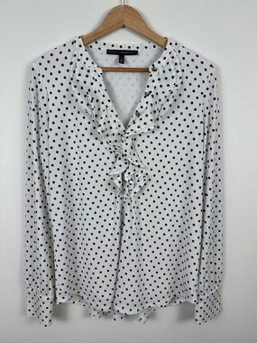 White House Black Market Polka Dot Ruffle Blouse, Parisian Chic, Classic, Size L